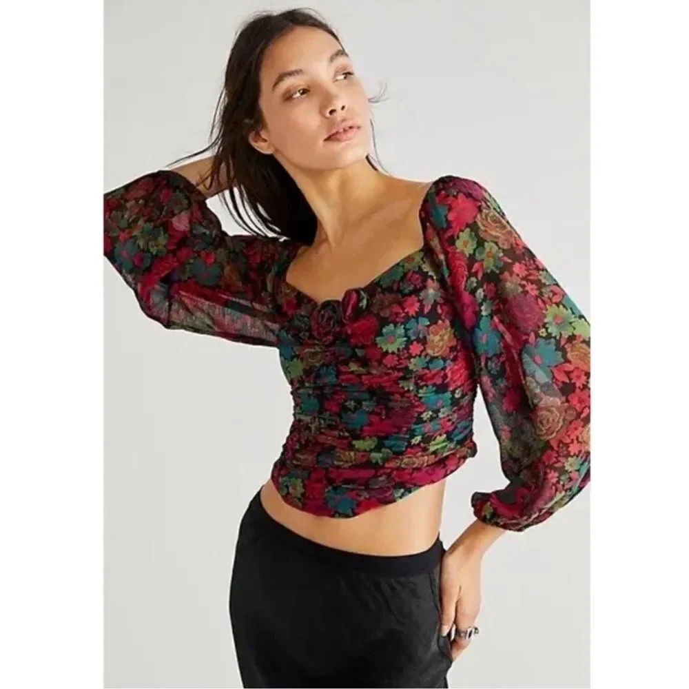 Free People Oh Layla Floral Cropped Blouse With Front Ruching Sheer Sleeves